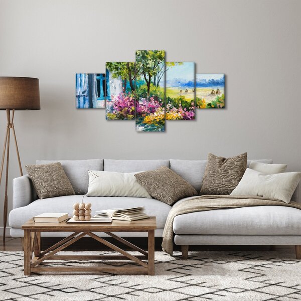 Obraz zahrádky před domem, olejomalba (125x70 cm)