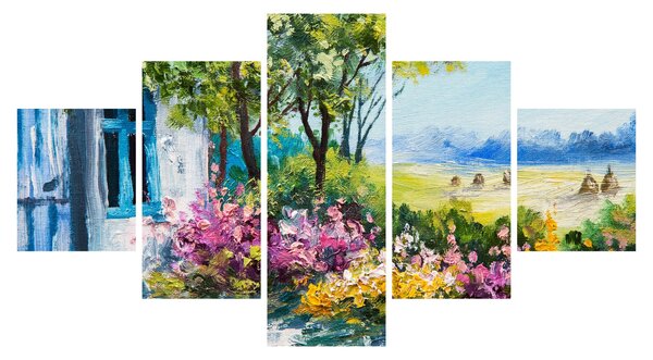 Obraz zahrádky před domem, olejomalba (125x70 cm)