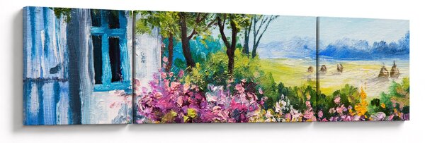 Obraz zahrádky před domem, olejomalba (170x50 cm)