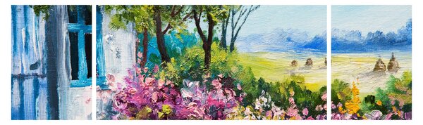Obraz zahrádky před domem, olejomalba (170x50 cm)