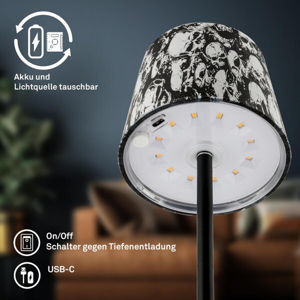 BRILONER Boja LED stolní lampička bezdrátová IP44, stmívatelné, dotykový vypínač, motiv lebky 7423043