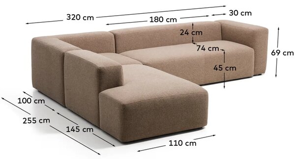 Kave Home Hnědá rohová pohovka Blok 320 cm, levá