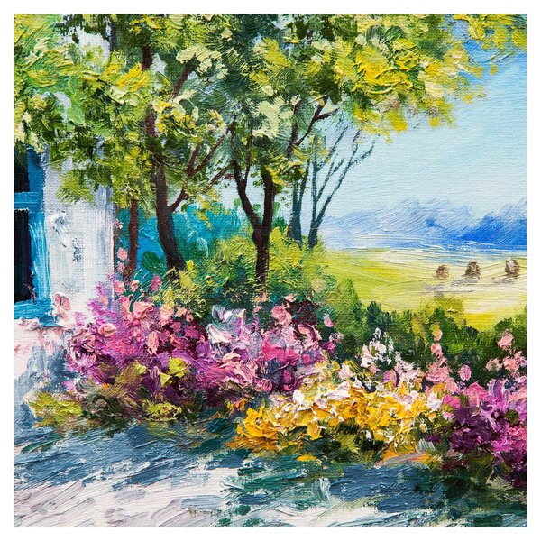 Obraz zahrádky před domem, olejomalba (30x30 cm)