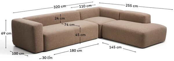 Kave Home Hnědá rohová pohovka Blok 320 cm, pravá
