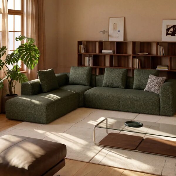 Kave Home Zelená rohová pohovka Blok 320 cm, pravá