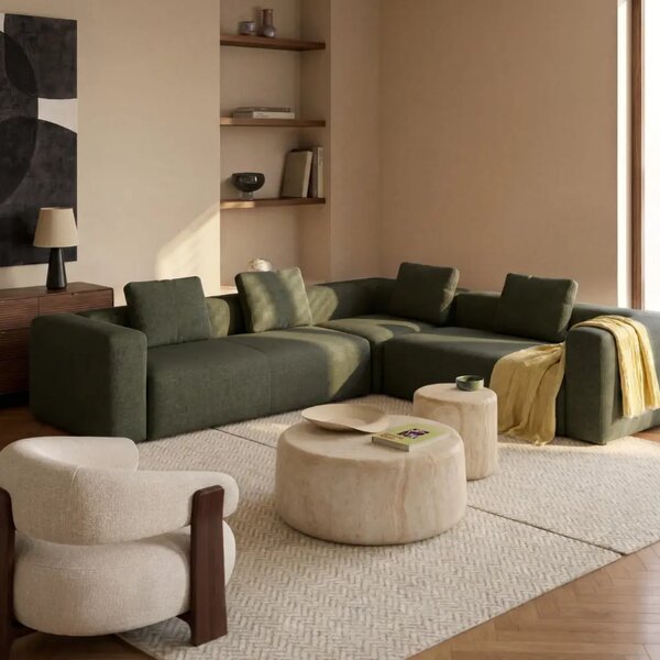 Kave Home Zelená rohová pohovka Blok 320 x 290 cm, levá/pravá