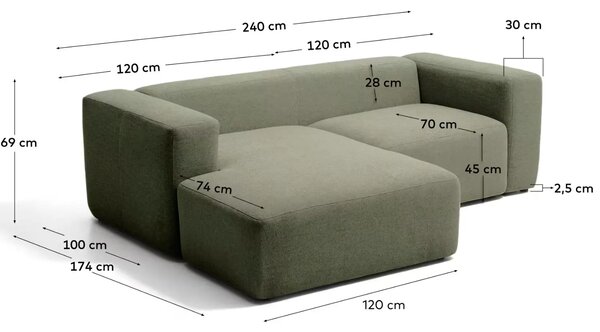 Kave Home Zelená rohová pohovka Blok 240 cm, levá