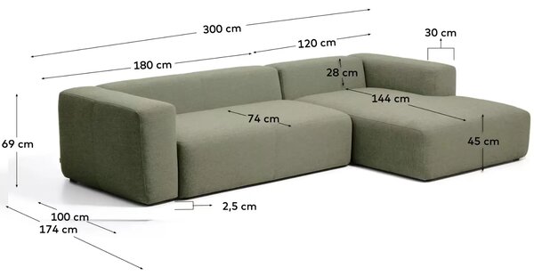 Kave Home Zelená rohová pohovka Blok 300 cm, pravá