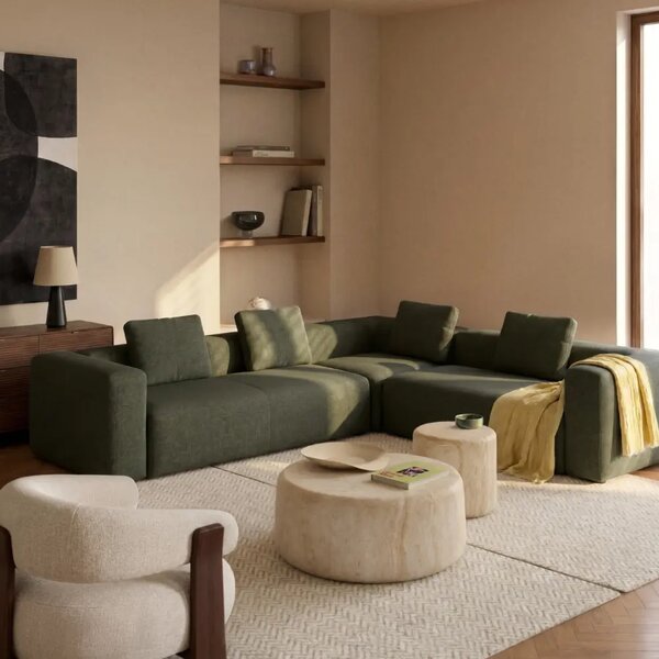 Kave Home Zelená rohová pohovka Blok 290 x 290 cm, levá/pravá