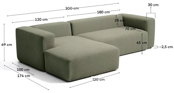 Kave Home Zelená rohová pohovka Blok 300 cm, levá