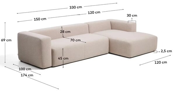 Kave Home Zelená rohová pohovka Blok 330 cm, pravá