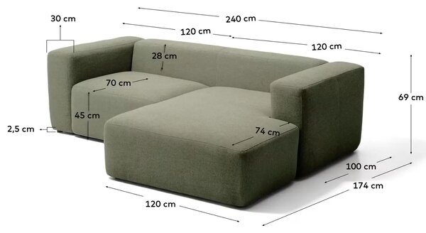 Kave Home Zelená rohová pohovka Blok 240 cm, pravá
