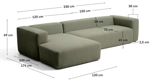 Kave Home Zelená rohová pohovka Blok 330 cm, levá