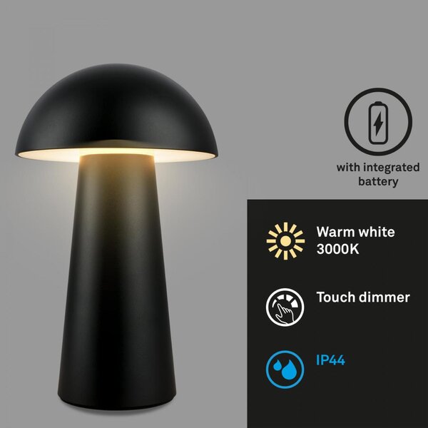 BRILONER Fungo Mini LED stolní lampička bezdrátová IP44, stmívatelné, dotykový vypínač, černá 7520015