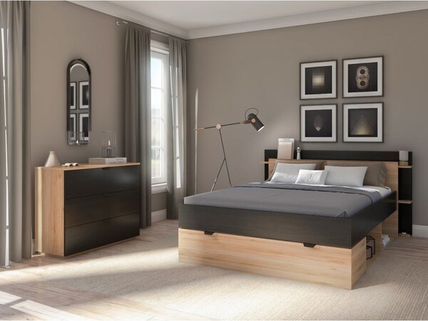 Dvoulůžková postel v dekoru dubu s úložným prostorem bez roštu v černo-přírodní barvě 160x200 cm Albo – Marckeric