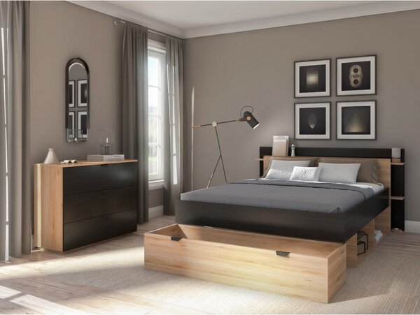 Dvoulůžková postel v dekoru dubu s úložným prostorem bez roštu v černo-přírodní barvě 160x200 cm Albo – Marckeric