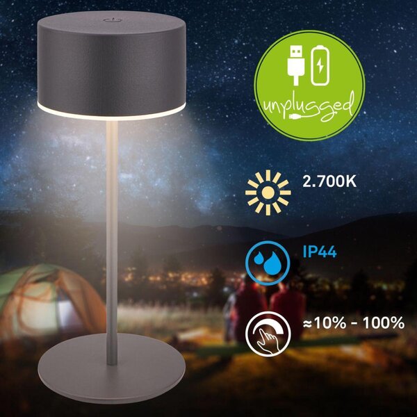 BRILONER Kira stolní lampička - 3W, 200lm, bezdrátová, LED, dotykový vypínač, stmívatelné, antracit 7629015