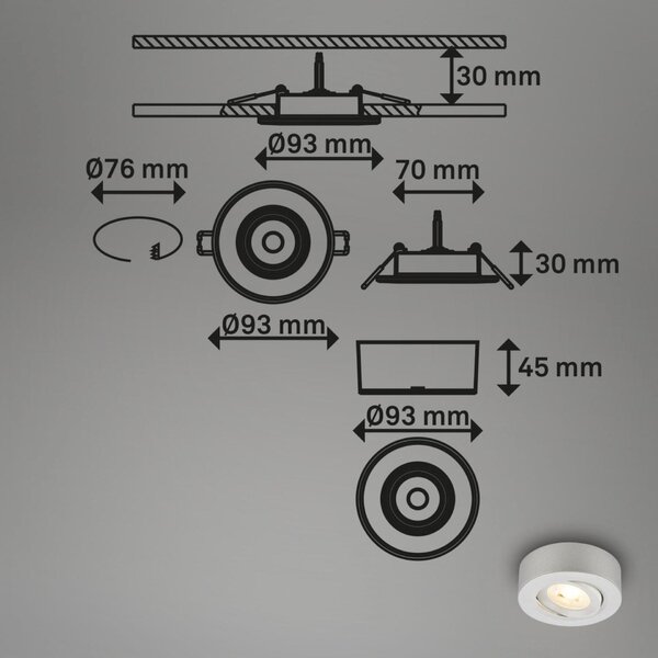 BRILONER LED vestavné / přisazené bodové svítidlo – pr.90mm, 5W, 230V, teplá bílá, nastavitelné, matný chrom 7991014
