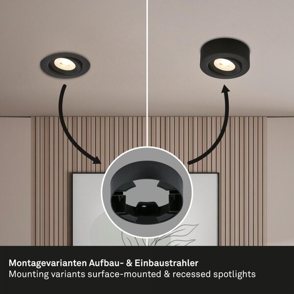 BRILONER LED vestavné / přisazené bodové svítidlo – pr.90mm, 5W, 230V, teplá bílá, nastavitelné, černé 7991015