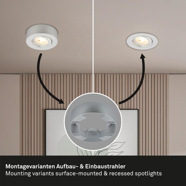 BRILONER LED vestavné / přisazené bodové svítidlo – pr.90mm, 5W, 230V, teplá bílá, nastavitelné, matný chrom 7991014