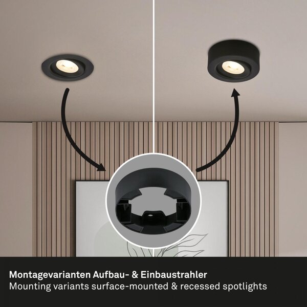 BRILONER LED vestavné / přisazené bodové svítidlo – pr.90mm, stmívatelné, 5W, 230V, teplá bílá, nastavitelné, černá 7990015