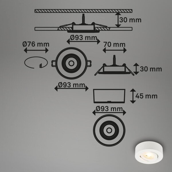 BRILONER LED vestavné / přisazené bodové svítidlo – pr.90mm, stmívatelné, 5W, 230V, teplá bílá, nastavitelné, bílá 7990016