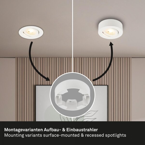 BRILONER LED vestavné / přisazené bodové svítidlo – pr.90mm, stmívatelné, 5W, 230V, teplá bílá, nastavitelné, bílá 7990016