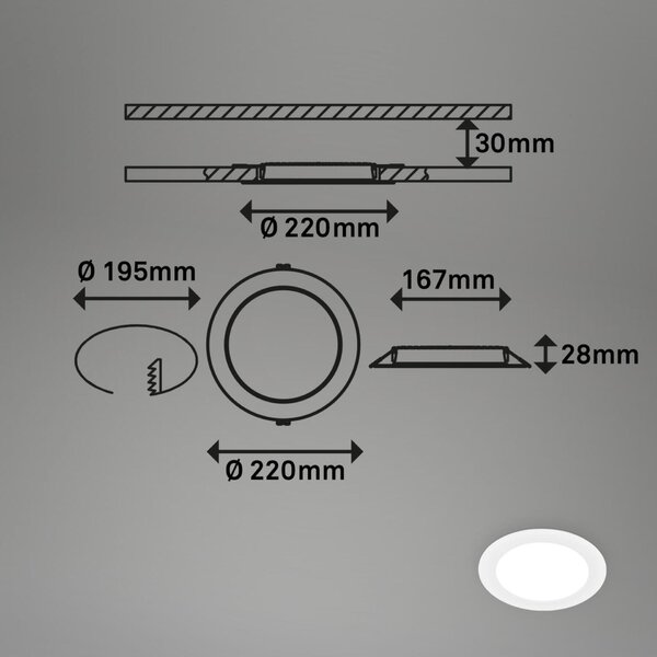 BRILONER LED vestavné bodové svítidlo – pr.220mm, ploché, 18W, 230V, 18W, neutrální bílá, bílé 7995016