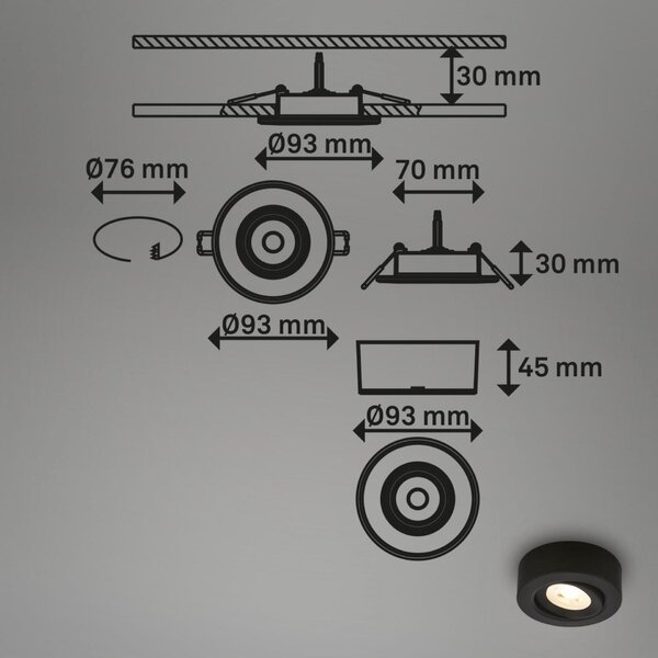 BRILONER LED vestavné / přisazené bodové svítidlo – pr.90mm, stmívatelné, 5W, 230V, teplá bílá, nastavitelné, černá 7990015