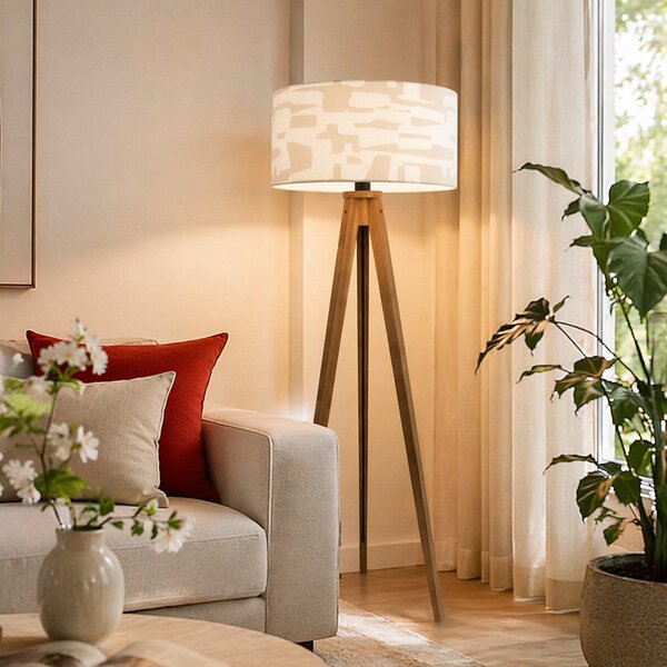Dřevěná stojací lampa s béžovo-bílým pruhovaným stínidlem 50 cm - Tripod Classic
