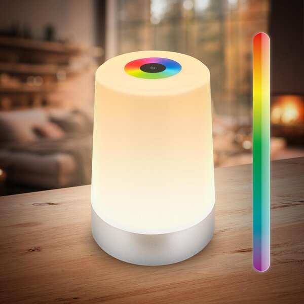 BRILONER Nubsi stolní lampička - 2,8W, 280lm, nabíjecí, LED, stmívatelné, RGB+W, matný chrom 7554014