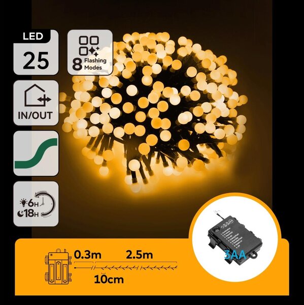 Aigostar - LED Venkovní vánoční řetěz 25xLED/8 funkcí 3xAA 2,8m IP44 teplá bílá