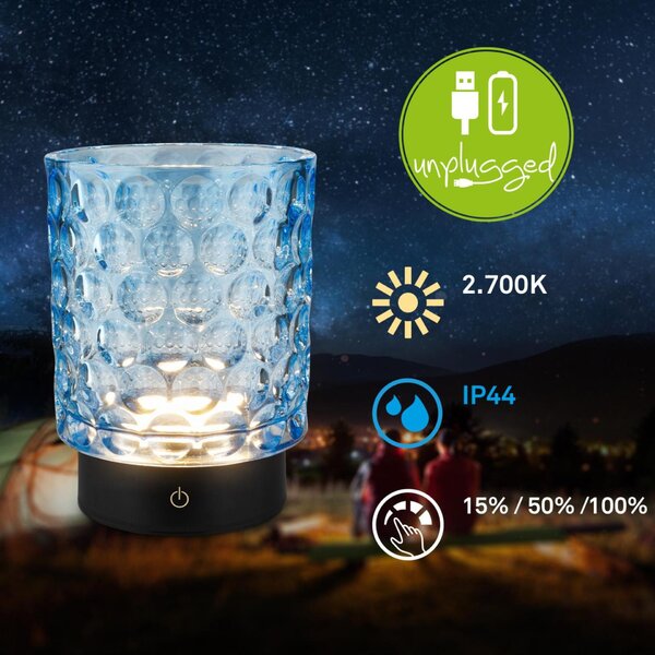 BRILONER Sunora LED stolní lampička bezdrátová IP44, stmívatelné, dotykový vypínač, modrá 7560010