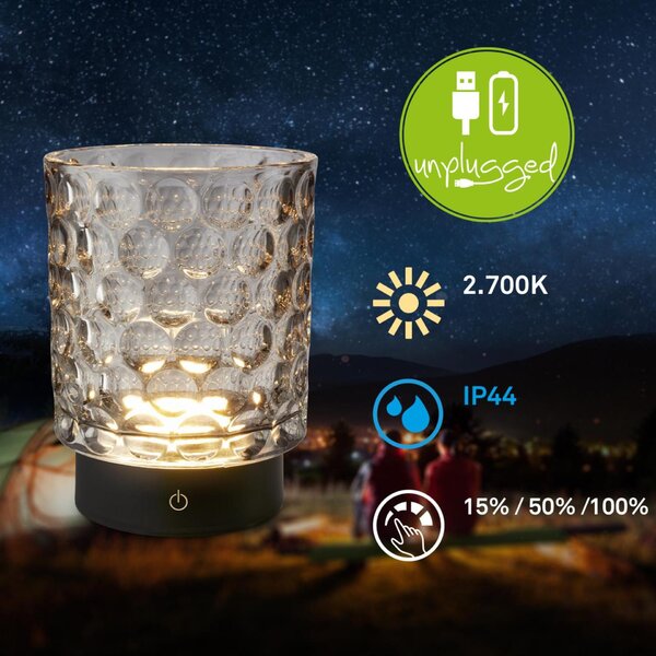BRILONER Sunora LED stolní lampička bezdrátová IP44, stmívatelné, dotykový vypínač, šedá 7560014