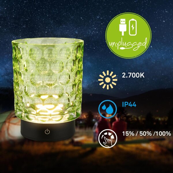 BRILONER Sunora LED stolní lampička bezdrátová IP44, stmívatelné, dotykový vypínač, zelená 7560019
