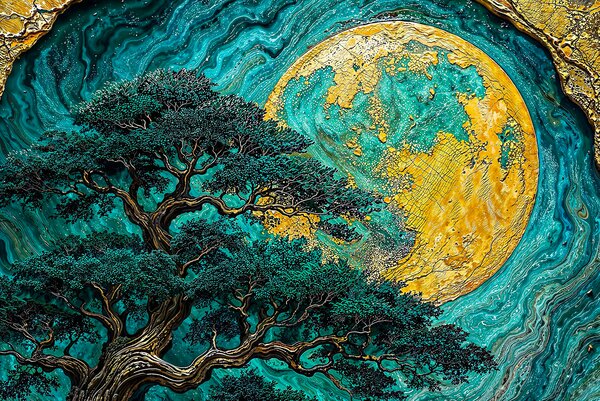 Zlatý HDF obraz - Pine Tree of Life - Zlatý měsíc