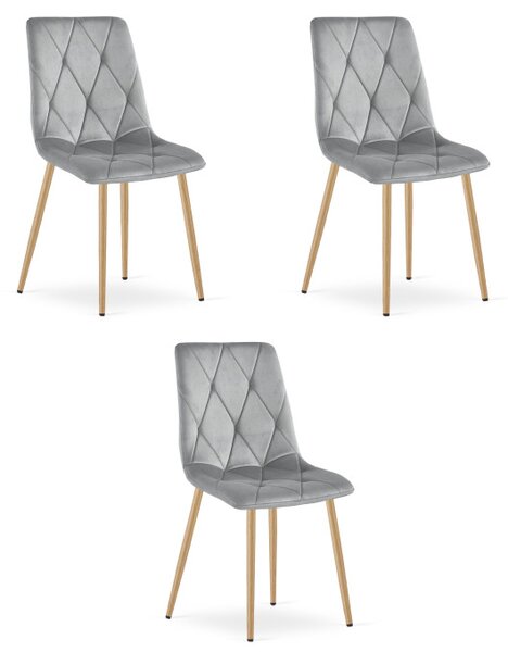 Set tří jídelních židlí LIBRA sametové, světle šedé / hnědé nohy (3 ks)