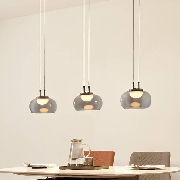 Lucande LED závěsné svítidlo Dain, 3 světla, kouřově šedá, sklo, Hliník / šedá / zinek, Obývací pokoj / jídelna, Sklo, Moderní
