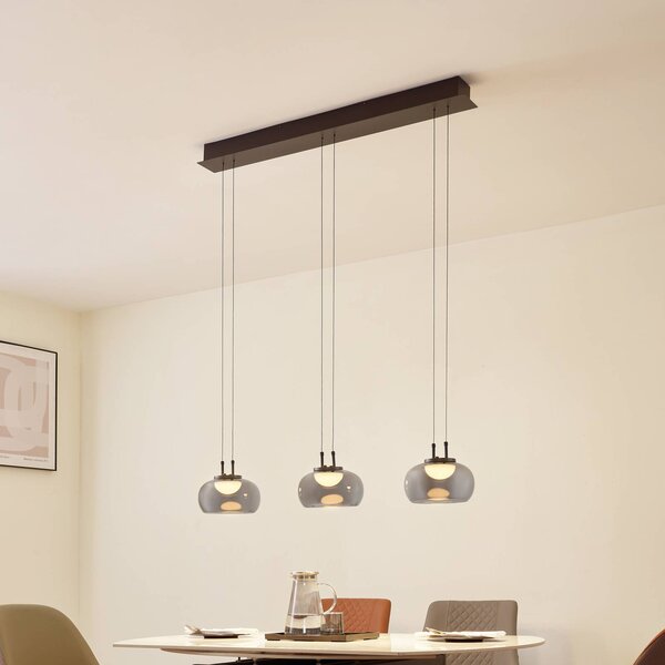 Lucande LED závěsné svítidlo Dain, 3 světla, kouřově šedá, sklo, Hliník / šedá / zinek, Obývací pokoj / jídelna, Sklo, Moderní