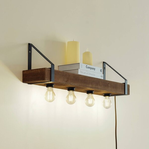 Lindby Nástěnné svítidlo Vatana, dřevo, zástrčka, USB port, 80 cm, stmívatelný, Tmavé dřevo, Obývací pokoj / jídelna, Dřevo, Venkovský / rustikální