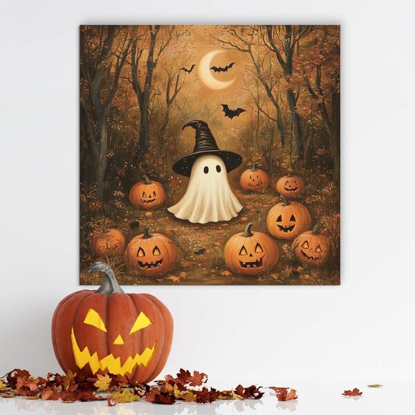 DUBLEZ | Halloween obraz ze dřeva - Duch a dýně | UV tisk, Premium