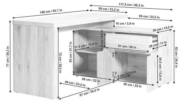 ROHOVÝ PSACÍ STŮL, dub San Remo, 140/117,5/77 cm Venda - Rohové psací stoly