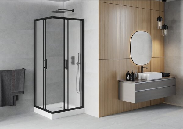 Mexen Rio, čtvercový sprchový kout 80(dveře)x80(dveře)x190 cm, 5mm sklo námraza, černý profil + bílá sprchová vanička RIO, 860-080-080-70-30-4510
