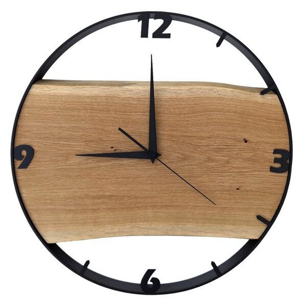 Dřevěné hodiny - 45cm, přírodní dřevo - dub, černý kovový rám (45B21)