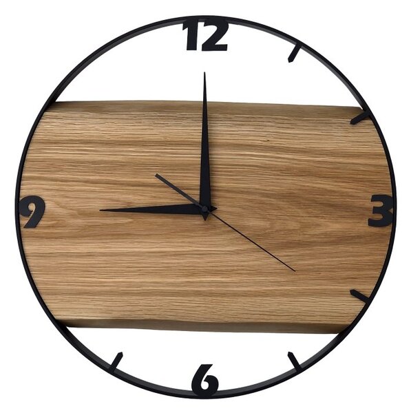 Dřevěné hodiny - 45cm, přírodní dřevo - dub, černý kovový rám (45B29)
