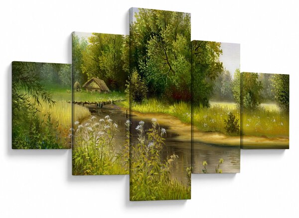 Obraz - Řeka u lesa, olejomalba (125x70 cm)