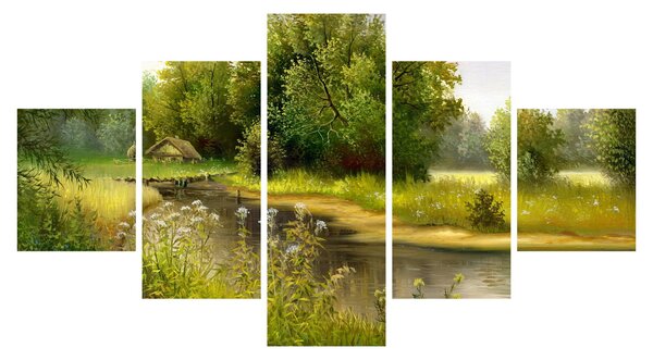 Obraz - Řeka u lesa, olejomalba (125x70 cm)