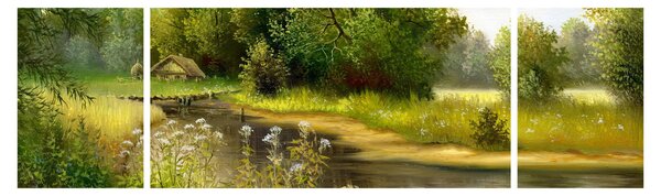 Obraz - Řeka u lesa, olejomalba (170x50 cm)