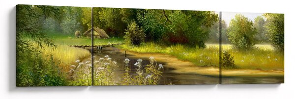 Obraz - Řeka u lesa, olejomalba (170x50 cm)