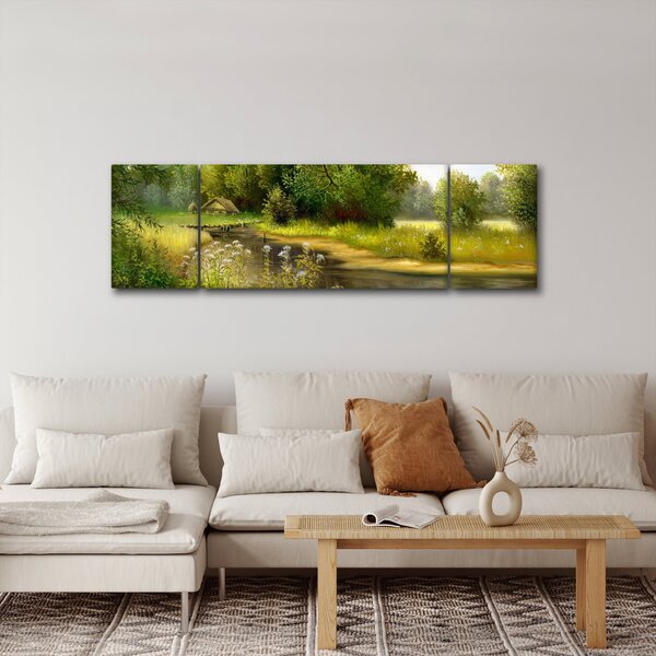 Obraz - Řeka u lesa, olejomalba (170x50 cm)
